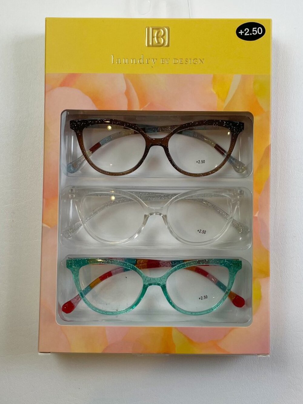 Laundry by Design 3 Pack Reading Glasses +2.50 Brown Clear Aqua Glitter New